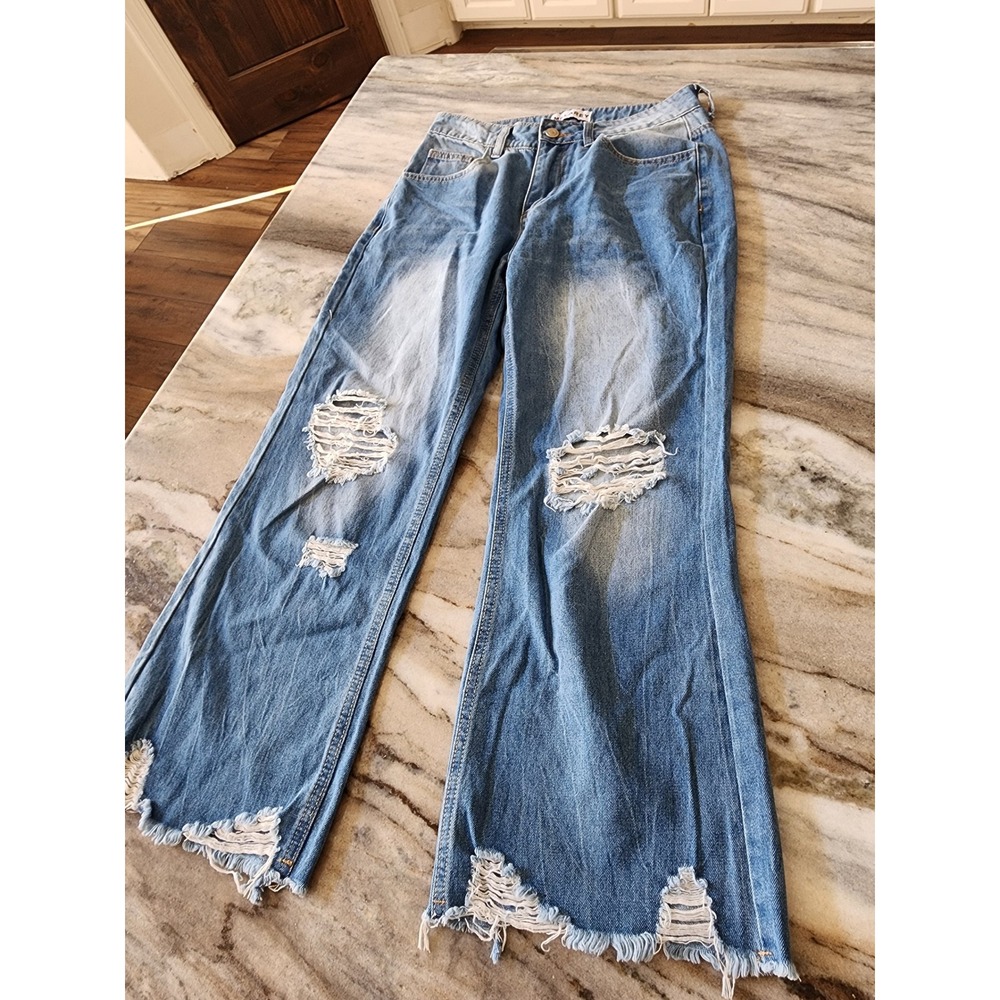 Melarey Womens Distressed Wide Leg Jeans Light Wash Ripped Frayed Hem Size S